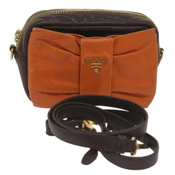 PRADA Ribbon Shoulder Bag Leather Orange Brown - Picture 1 of 16